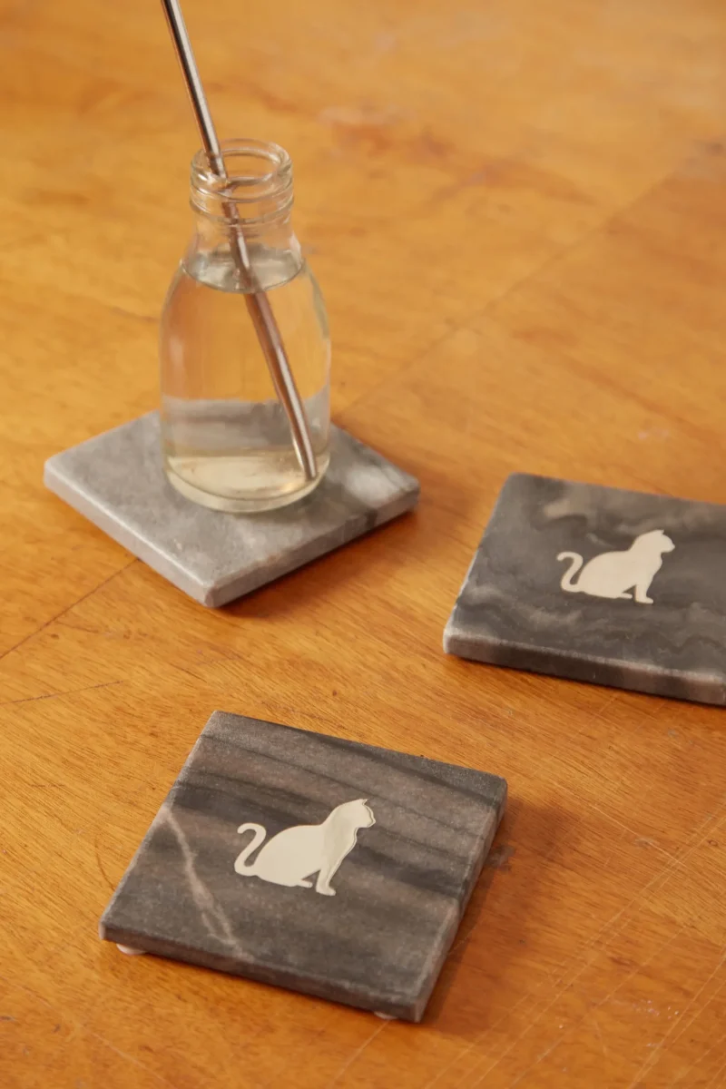 4 piece marble coasters w metallic cat design dark grey scaled