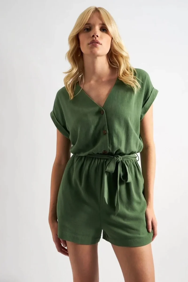 adonia green v neck linen playsuit