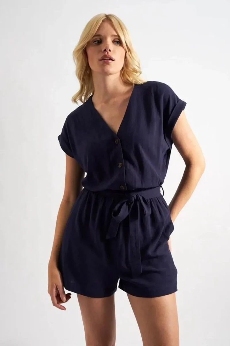 adonia navy linen v neck playsuit