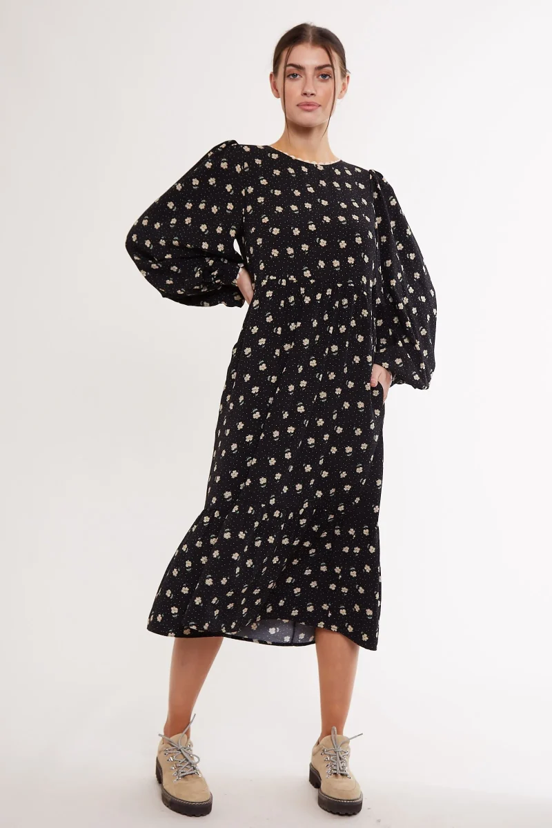 anemone print mini tiered dress with long sleeves