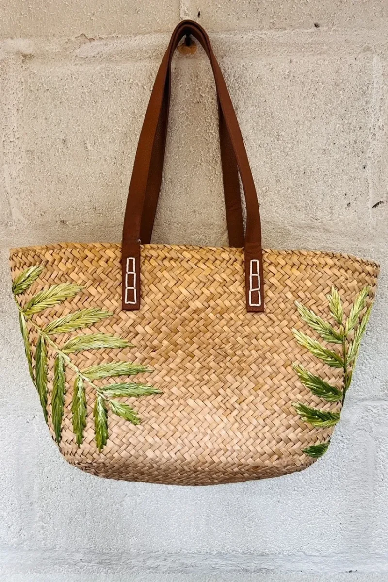 anya embroidered palm leaf straw tote bag