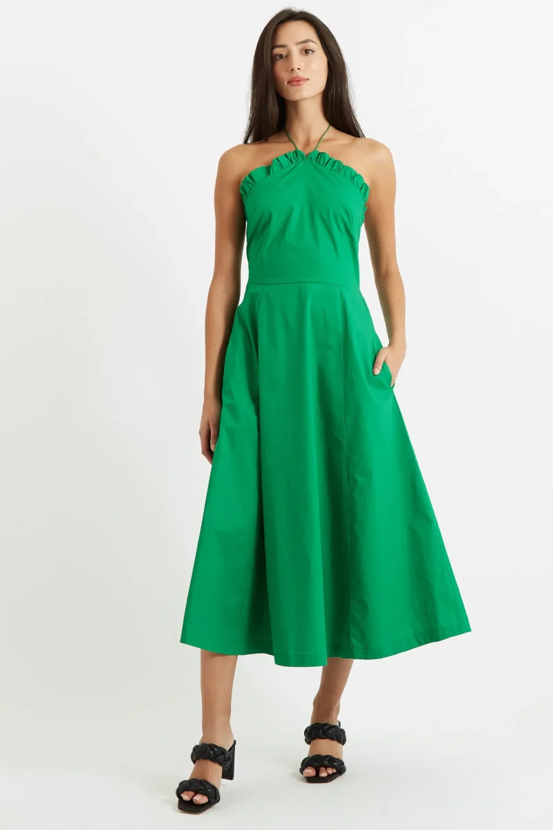 aria green halter midi dress poplin fabric scaled