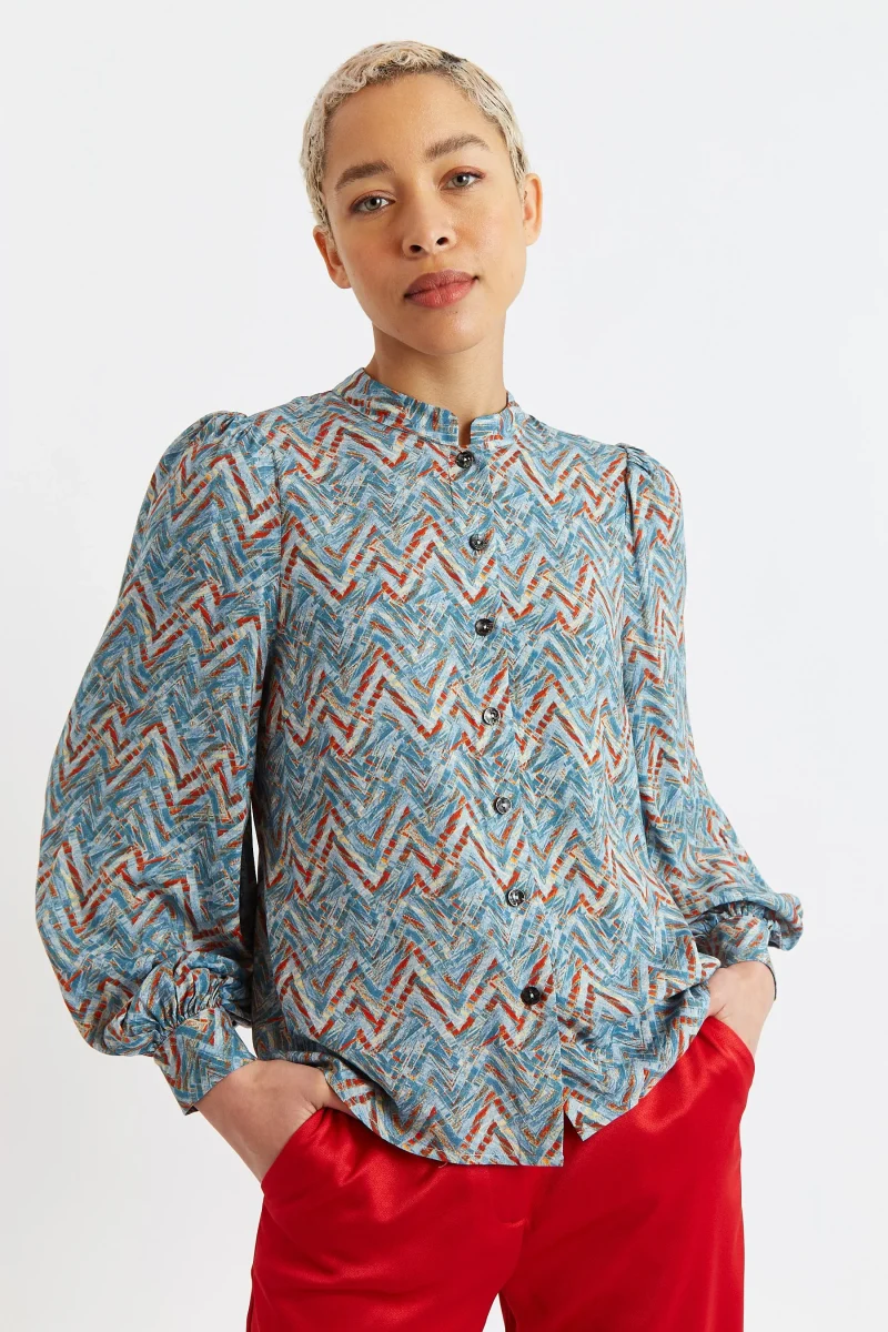 aviv art print long sleeve blouse duck egg blue scaled