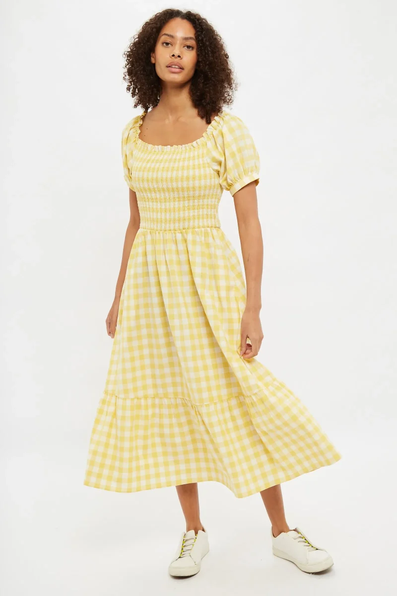 babette picnic check shirred midi dress