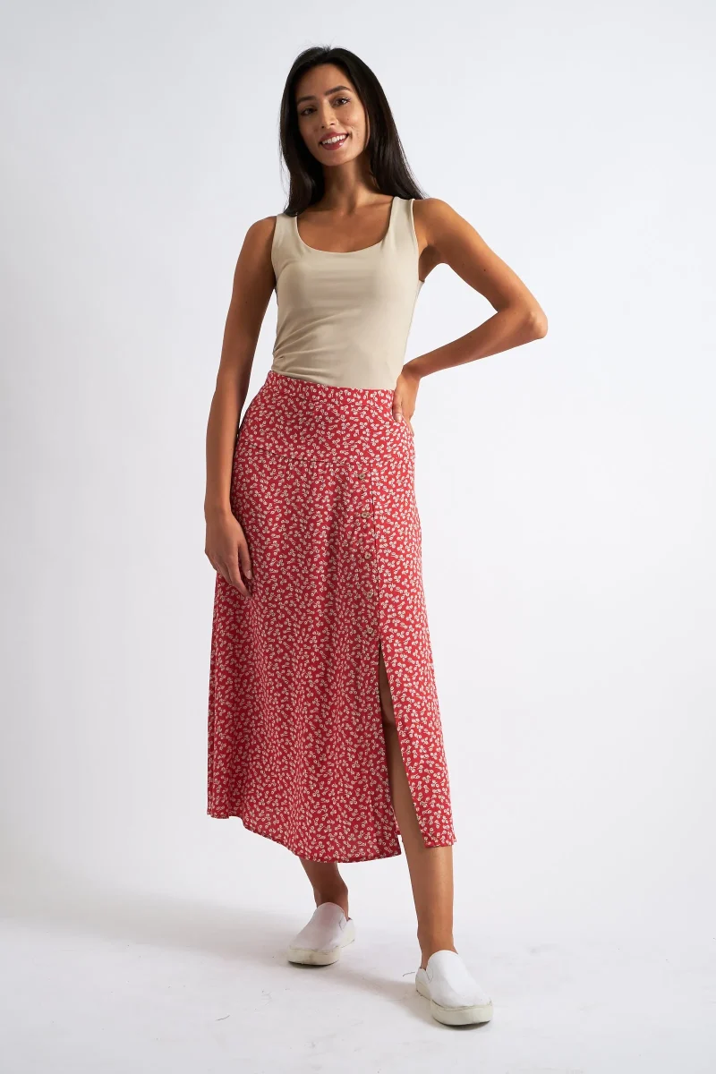 barney red petale print midi skirt