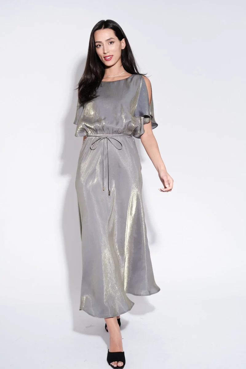 basford iridescent midi dress with cape sleeves