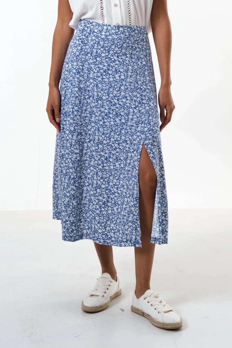 blossom print blue midi skirt