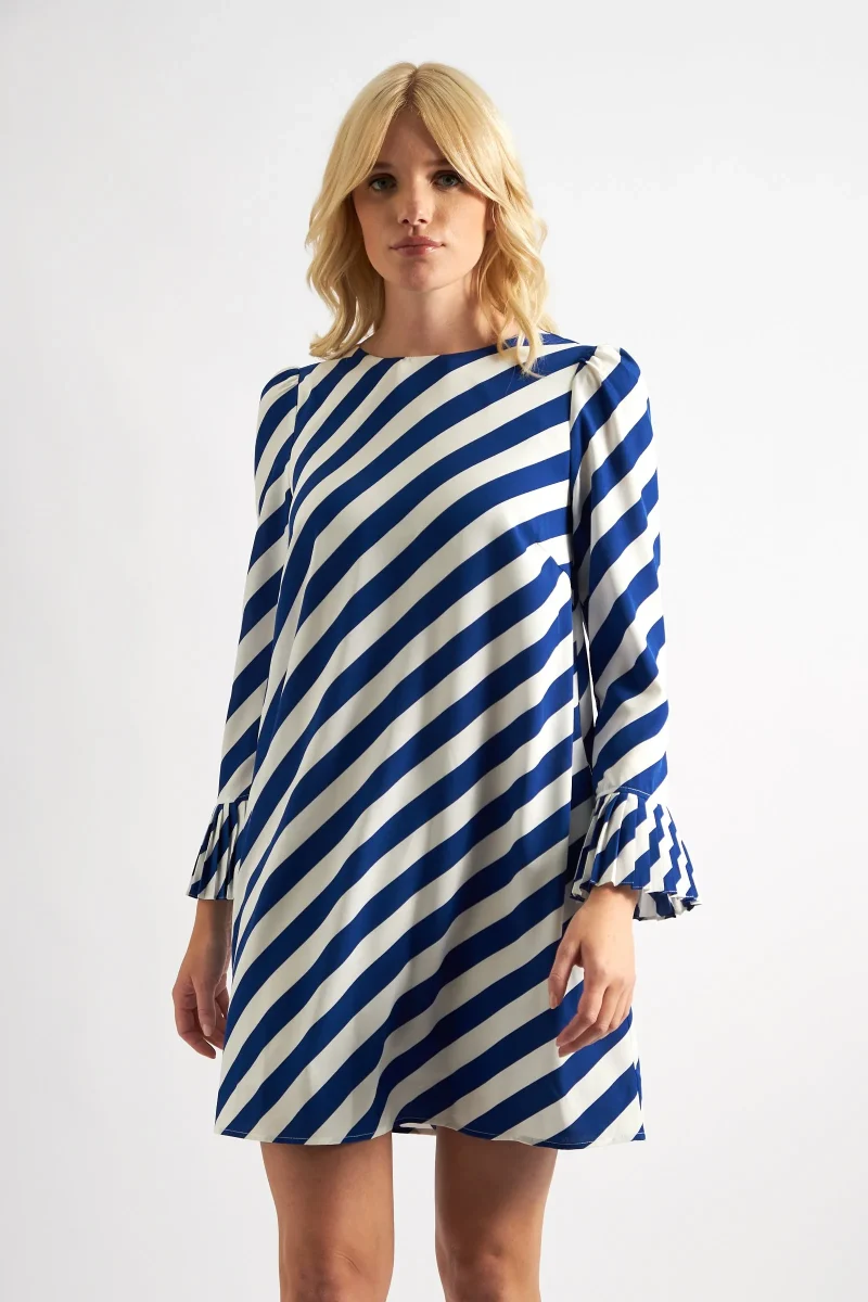 blue diagonal line pleated cuff mini dress