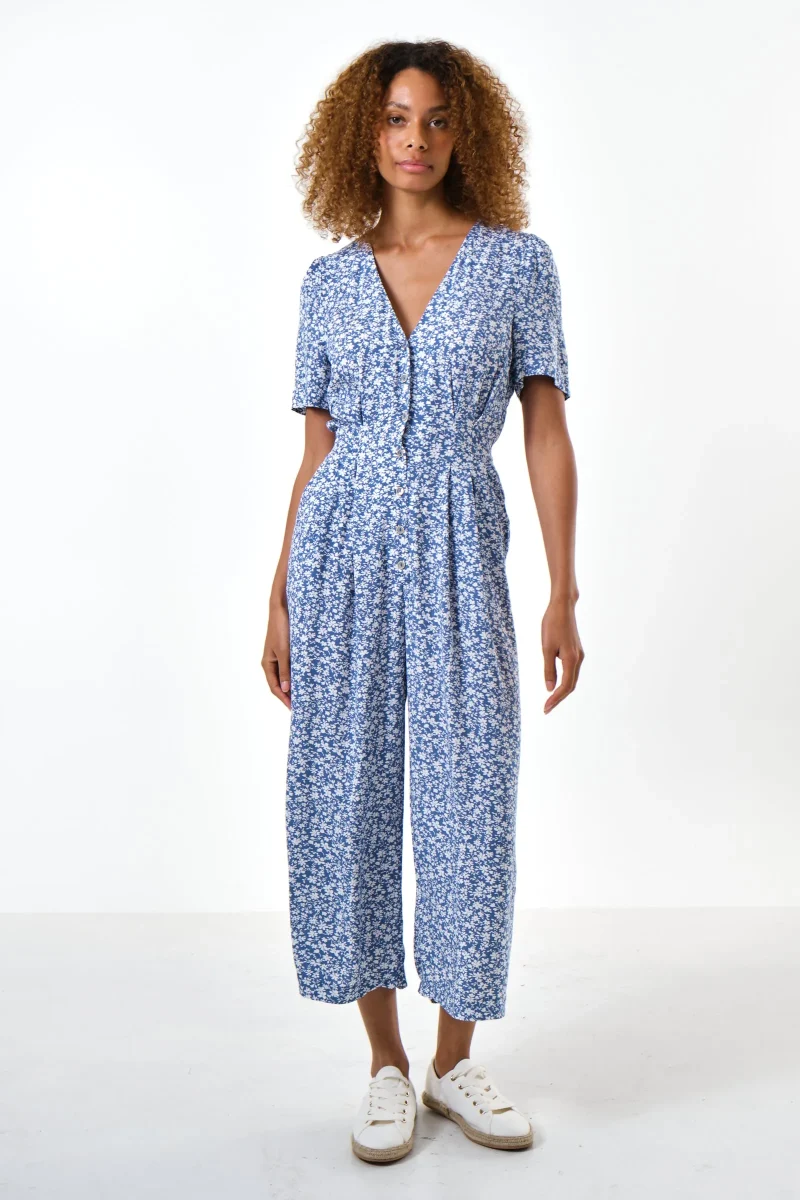 blue micro blossom short sleeve jumpsuit