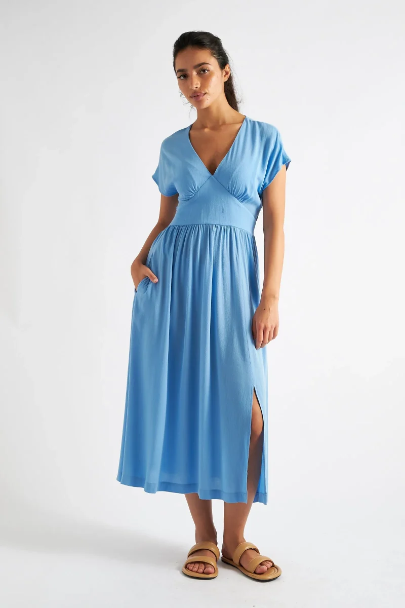 blue v neck unity moss crepe midi dress