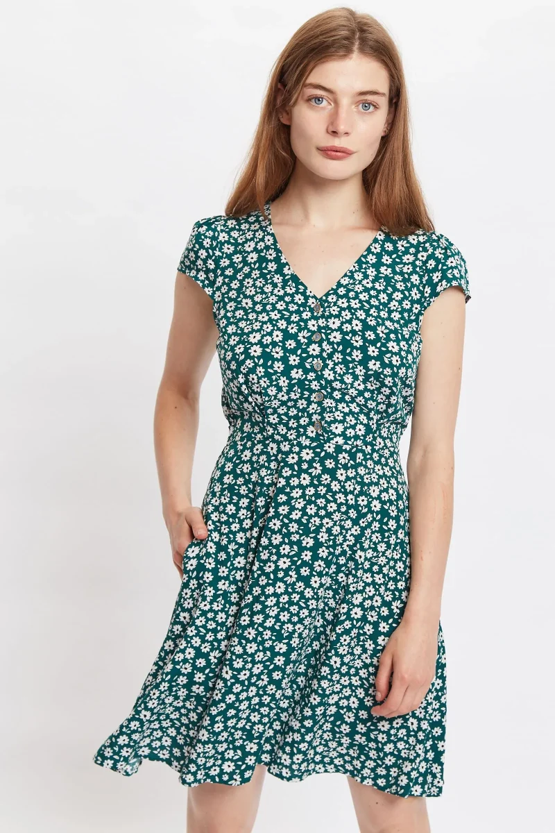 cathleen floral sketch mini tea dress green