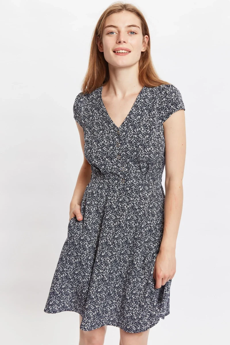 cathleen micro flower print navy mini tea dress