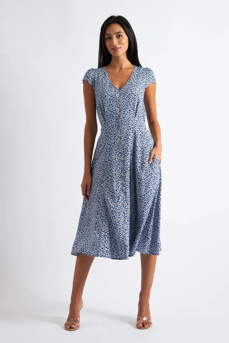 cathy floral midi tea dress in blue