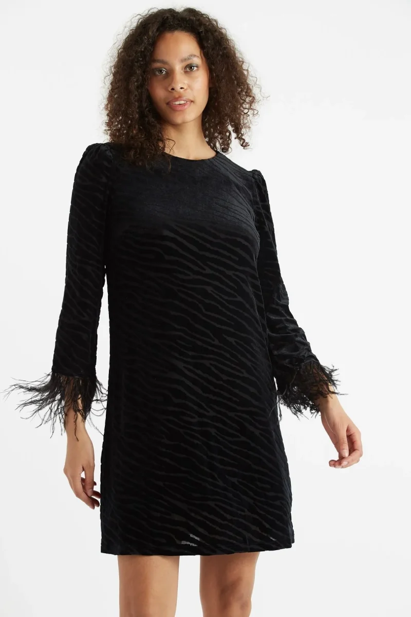 celie zebra devore feather trim dress black mini