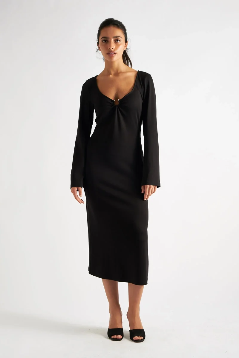 charley black fine rib midi bodycon dress