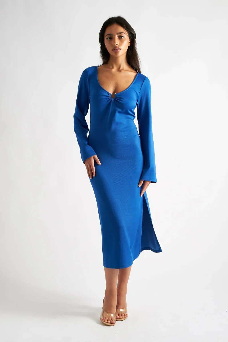 charley blue ribbed midi bodycon dress