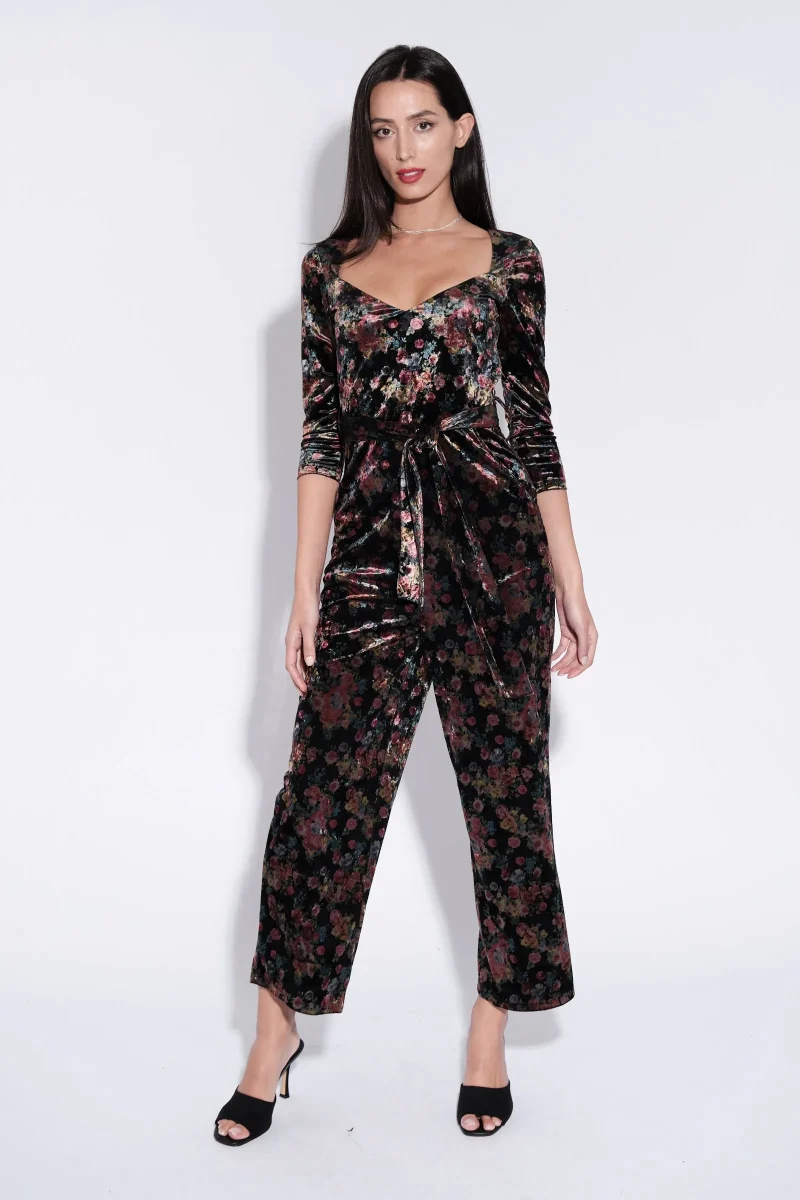 cherokee velvet rose bowl print jumpsuit