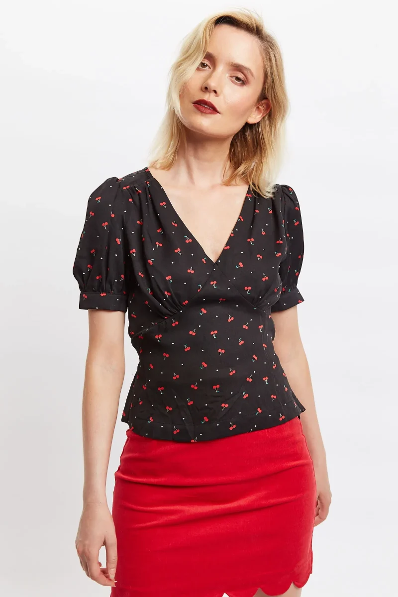 cherry pie print v neck blouse short sleeve