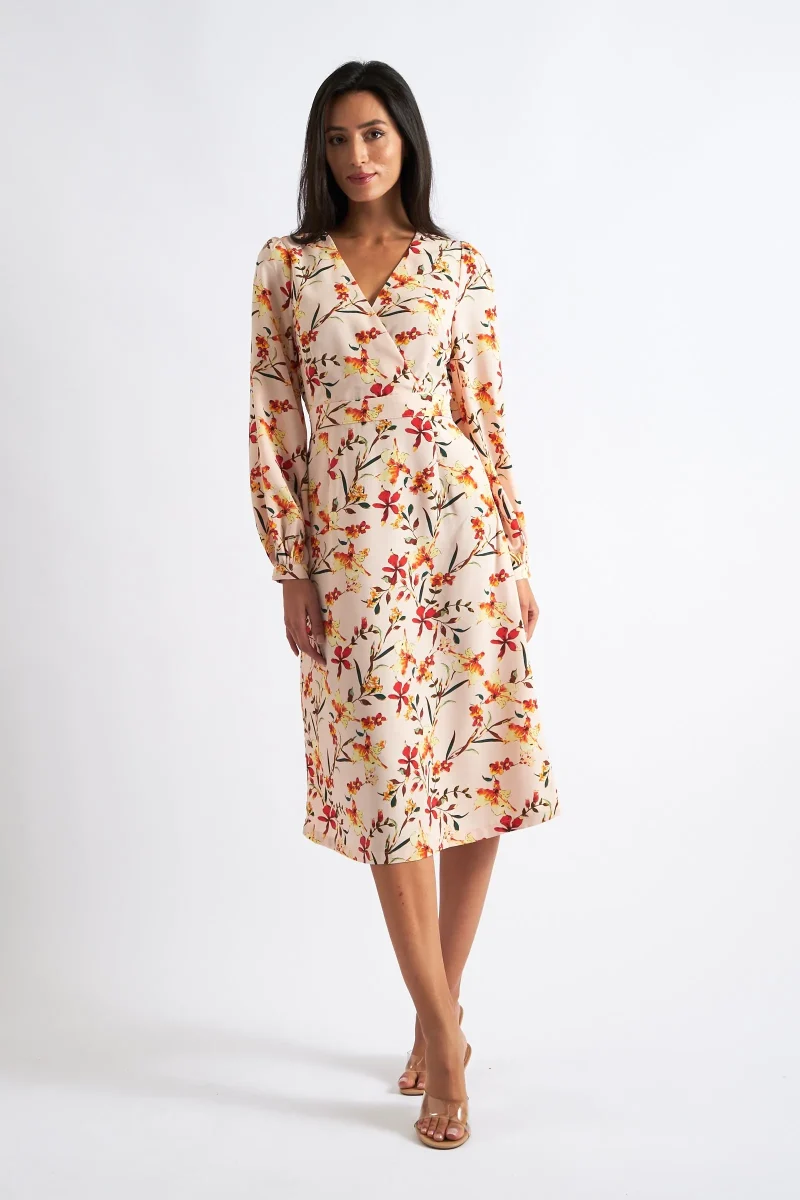 cinnamon floral midi wrap dress