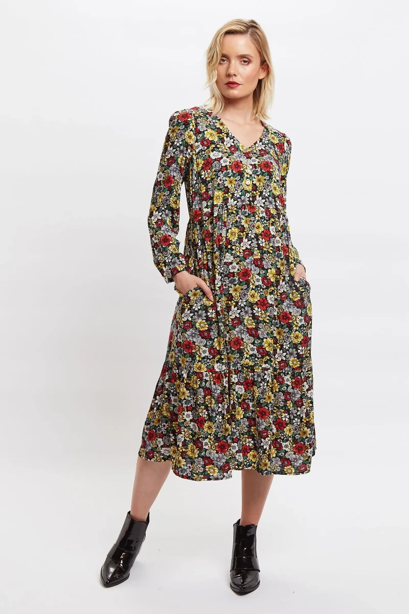 clio woodland walk v neck midi dress with tie and long sleeves