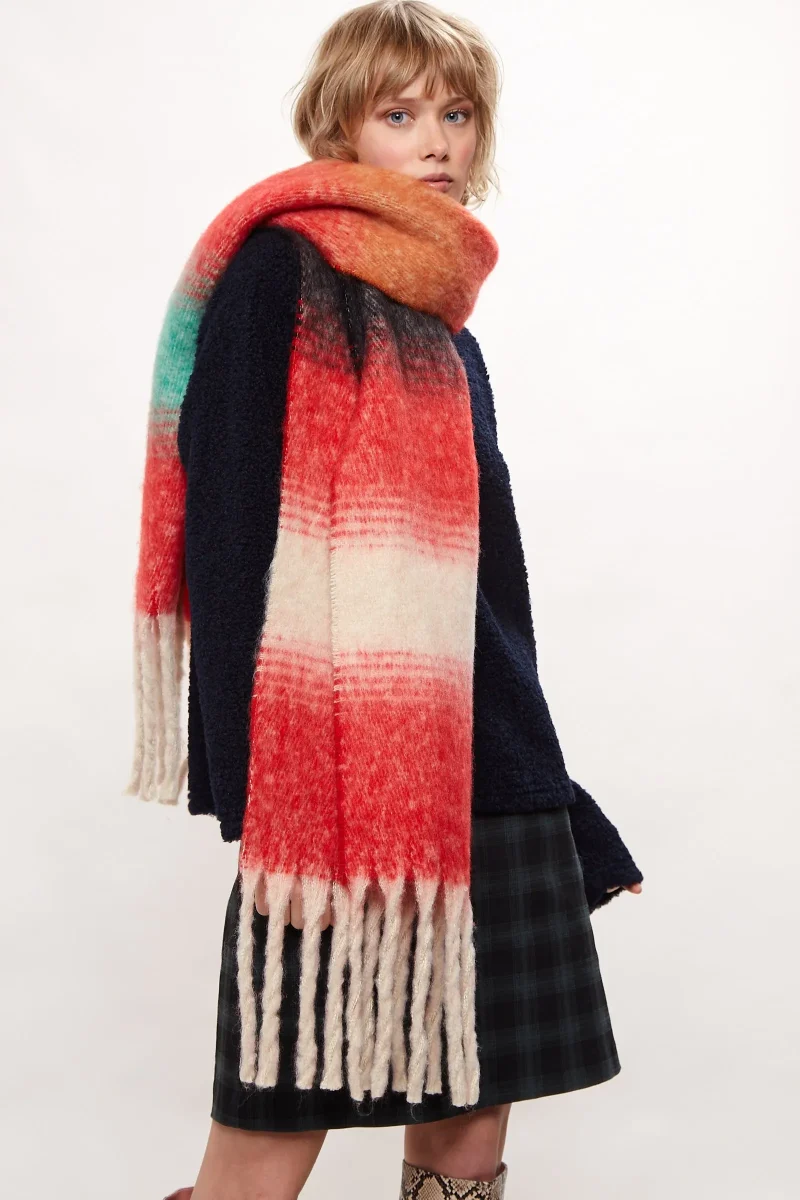 comfortable striped tassel scarf soft red