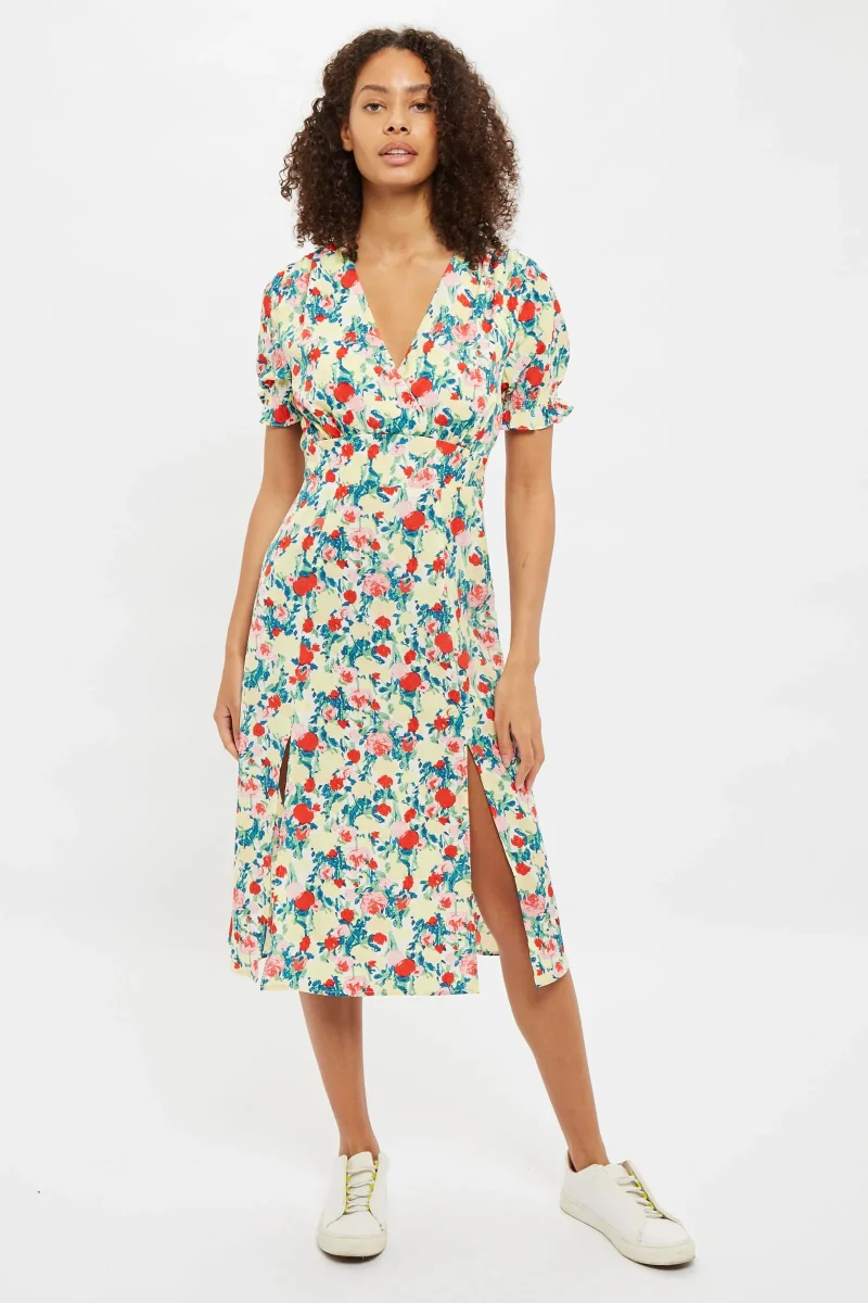 corina monet floral print short sleeve midi dress