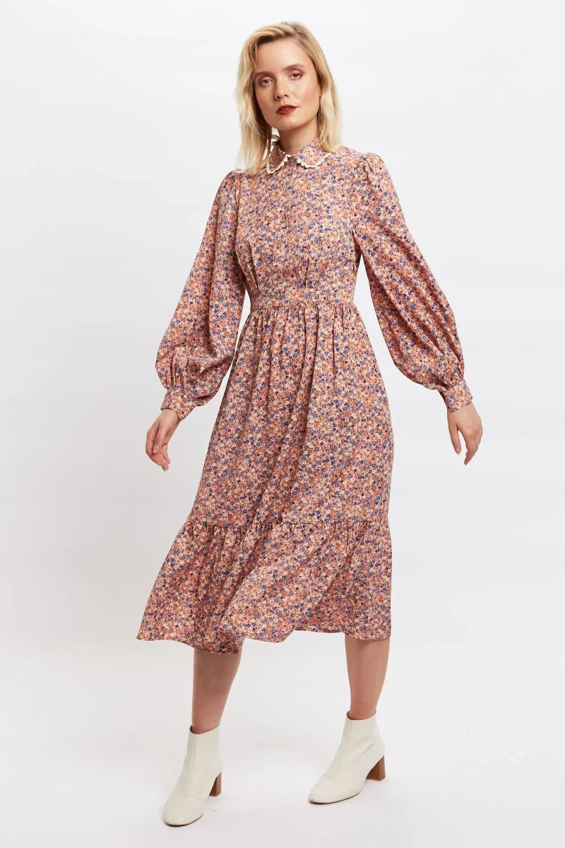 dainty floral tie midi dress long sleeve