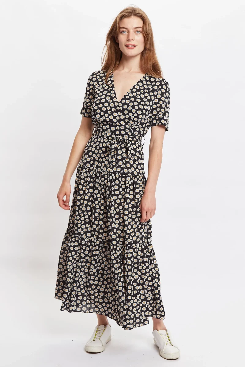 daisy dancer print midi dress short sleeve tie black