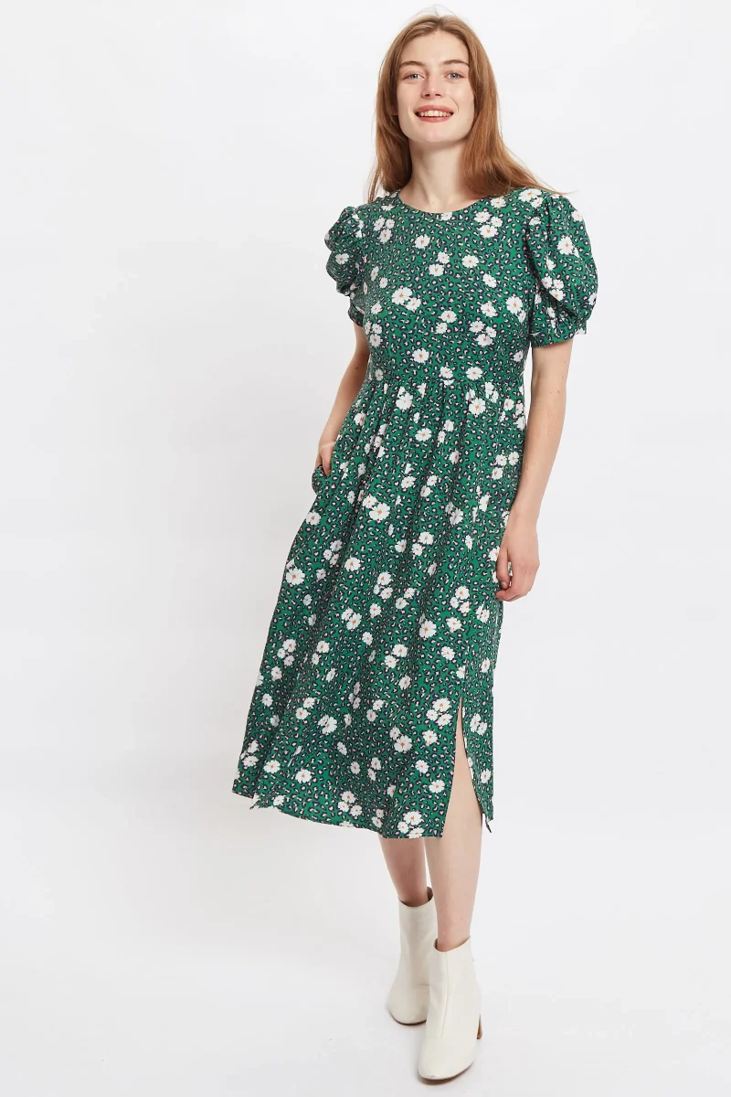 daisy print v back puff sleeve green midi dress louche stasia