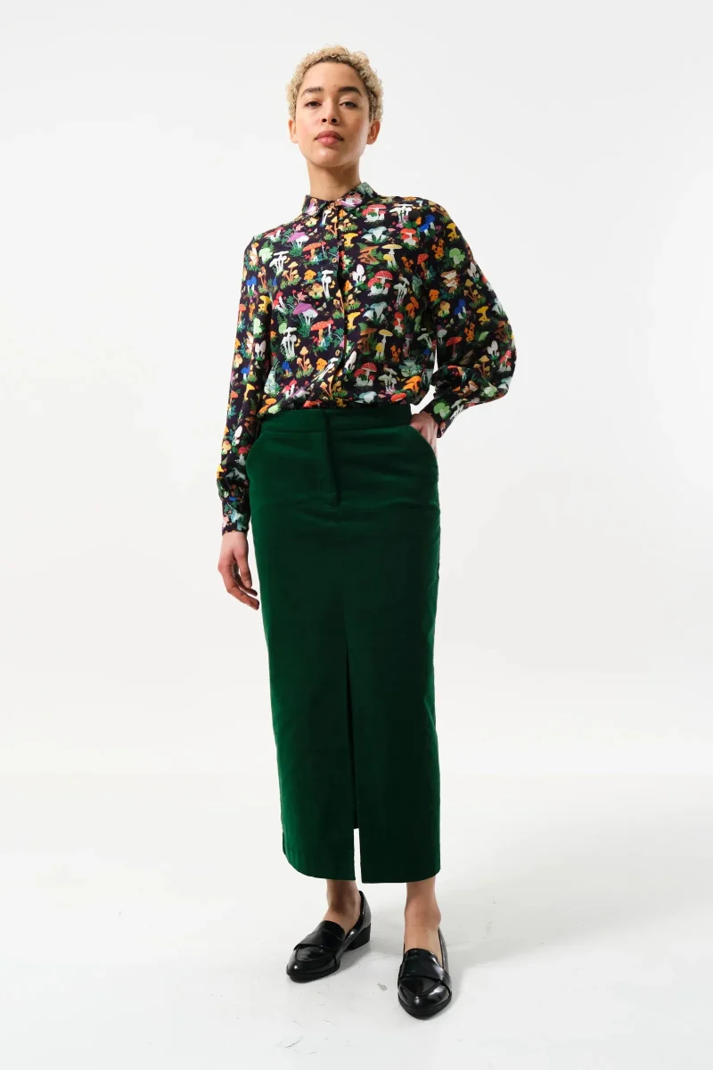 dark green baby cord midi pencil skirt