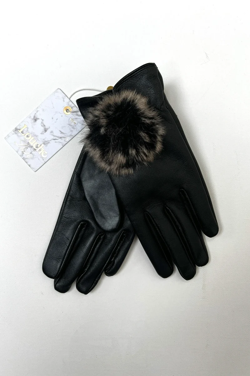 dashlyn grey leather bobble faux fur gloves