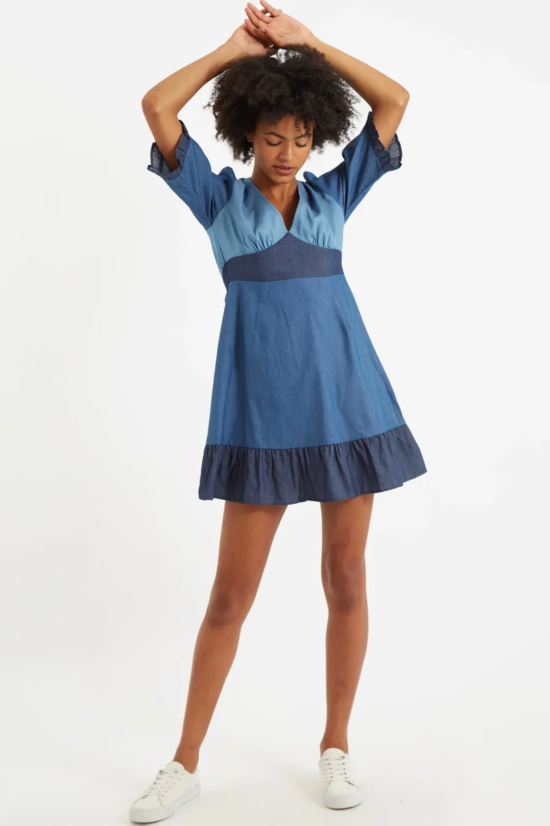 double denim v neck mini dress scaled