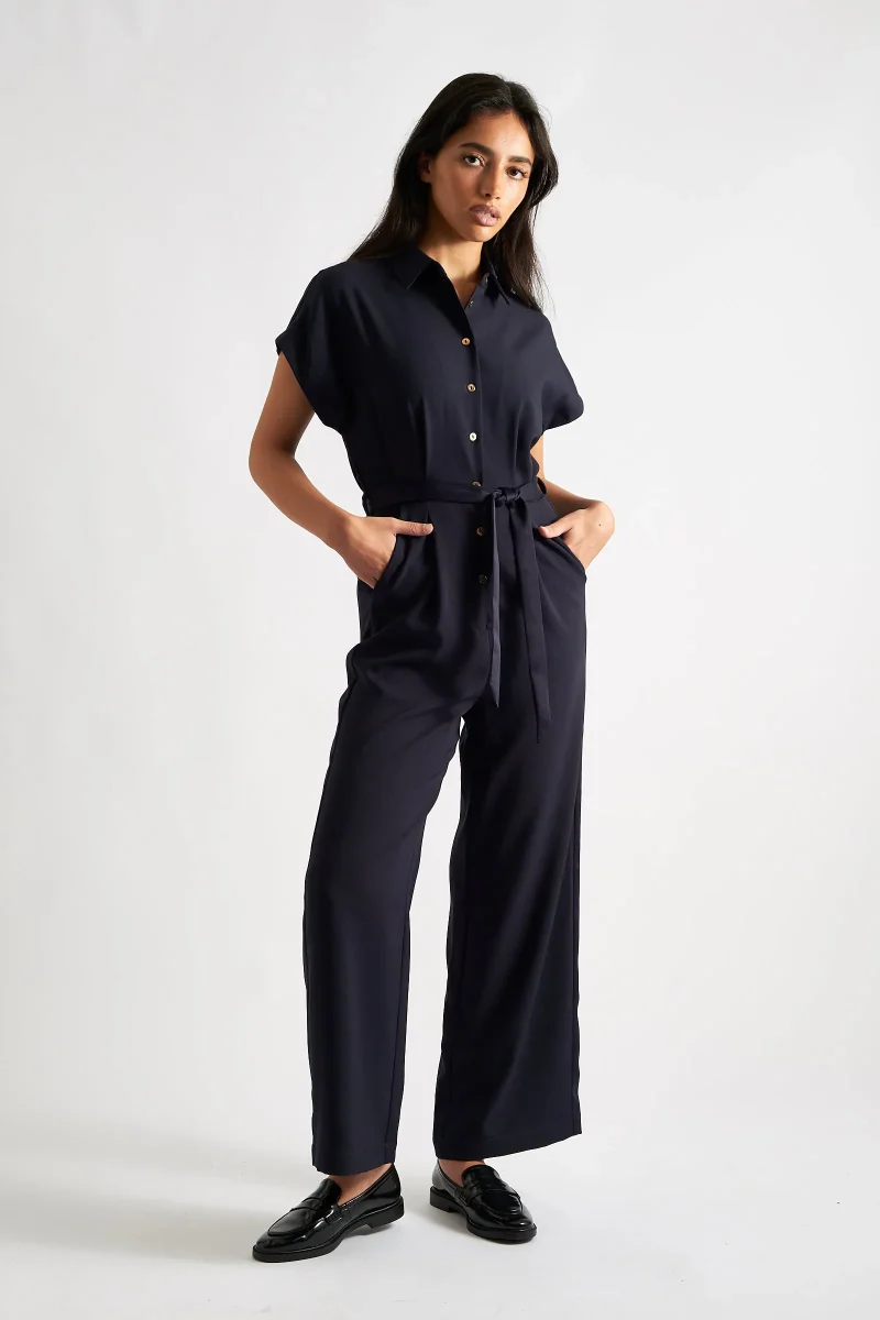 eco friendly navy satin back crepe jumpsuit