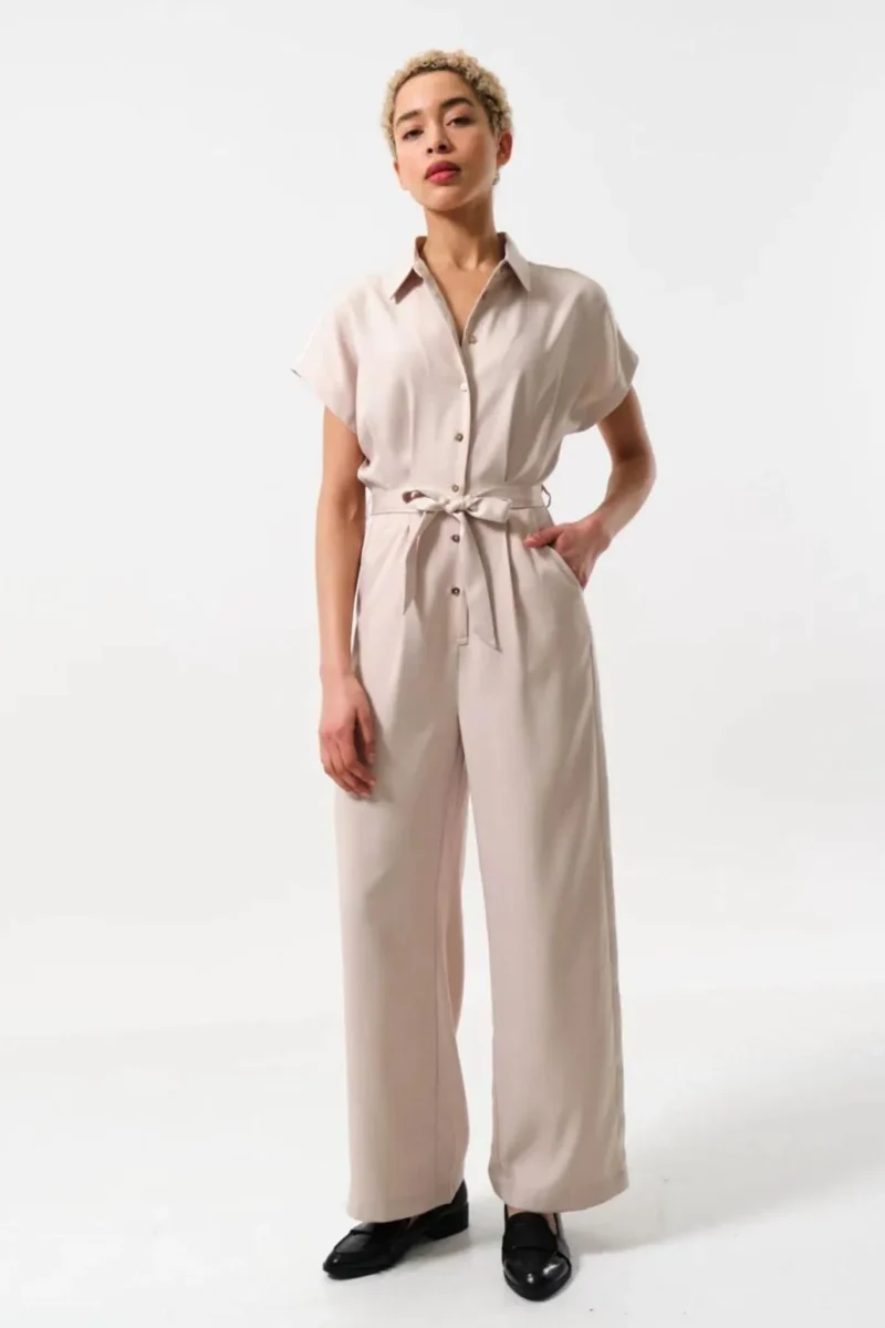 eco friendly satin crepe jumpsuit camel