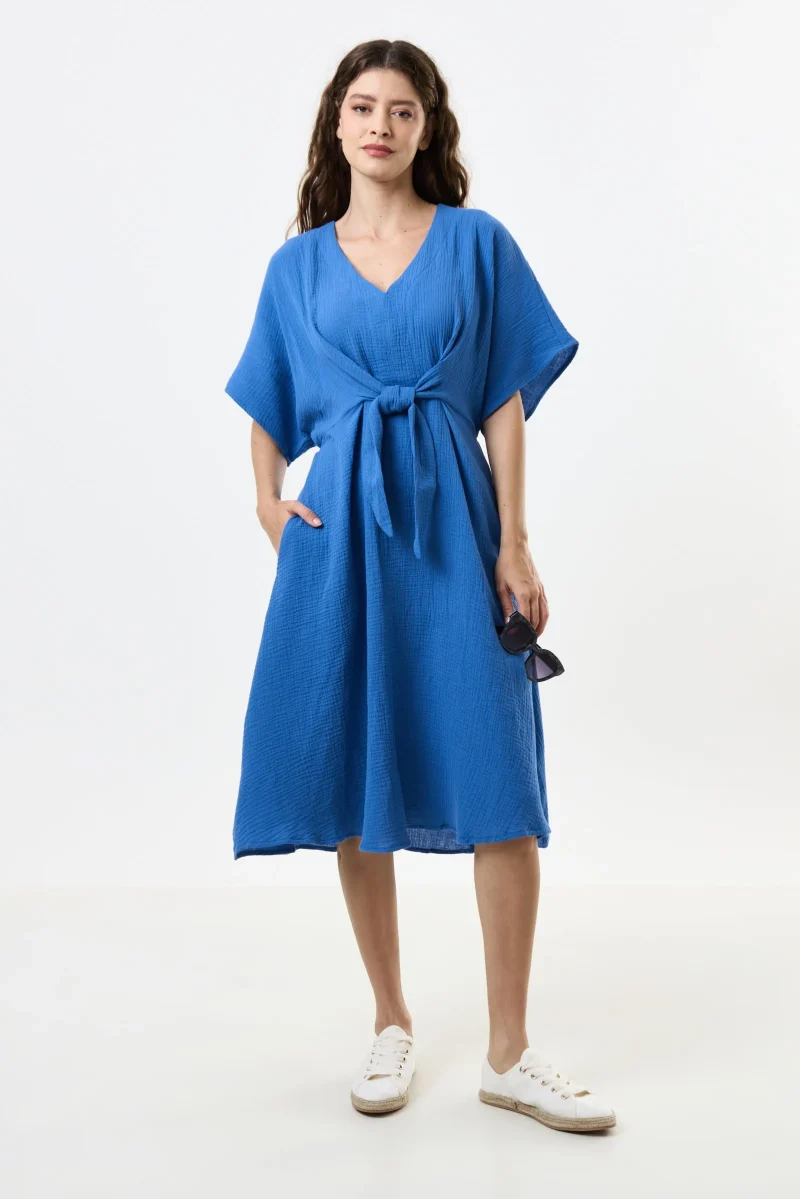 elody blue double gauze tie waist midi dress