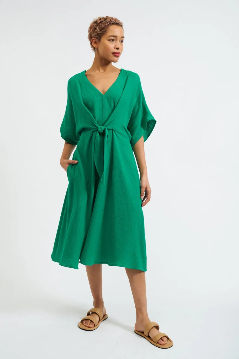 elody green double gauze tie waist midi dress