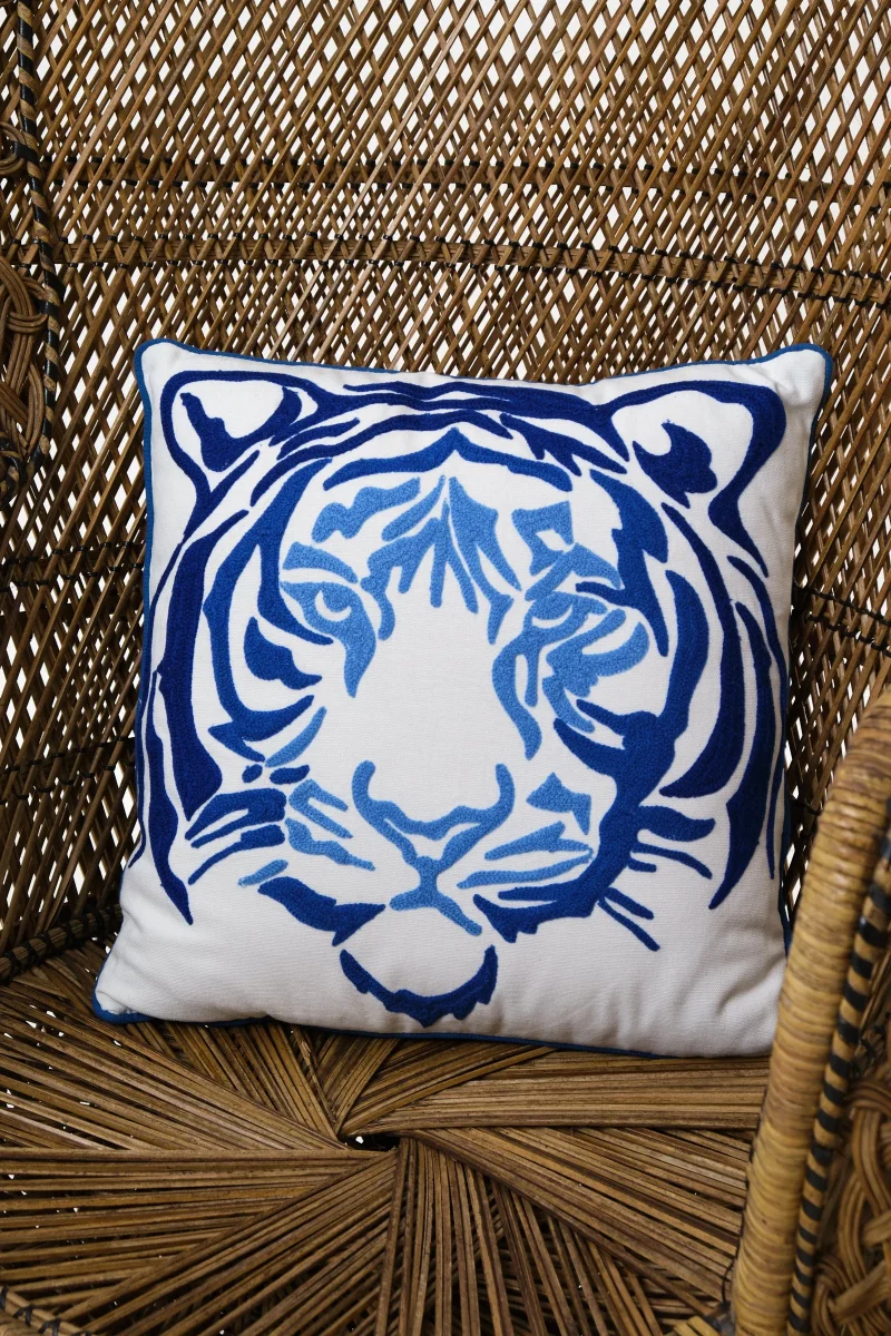 embroidered blue tiger cushion