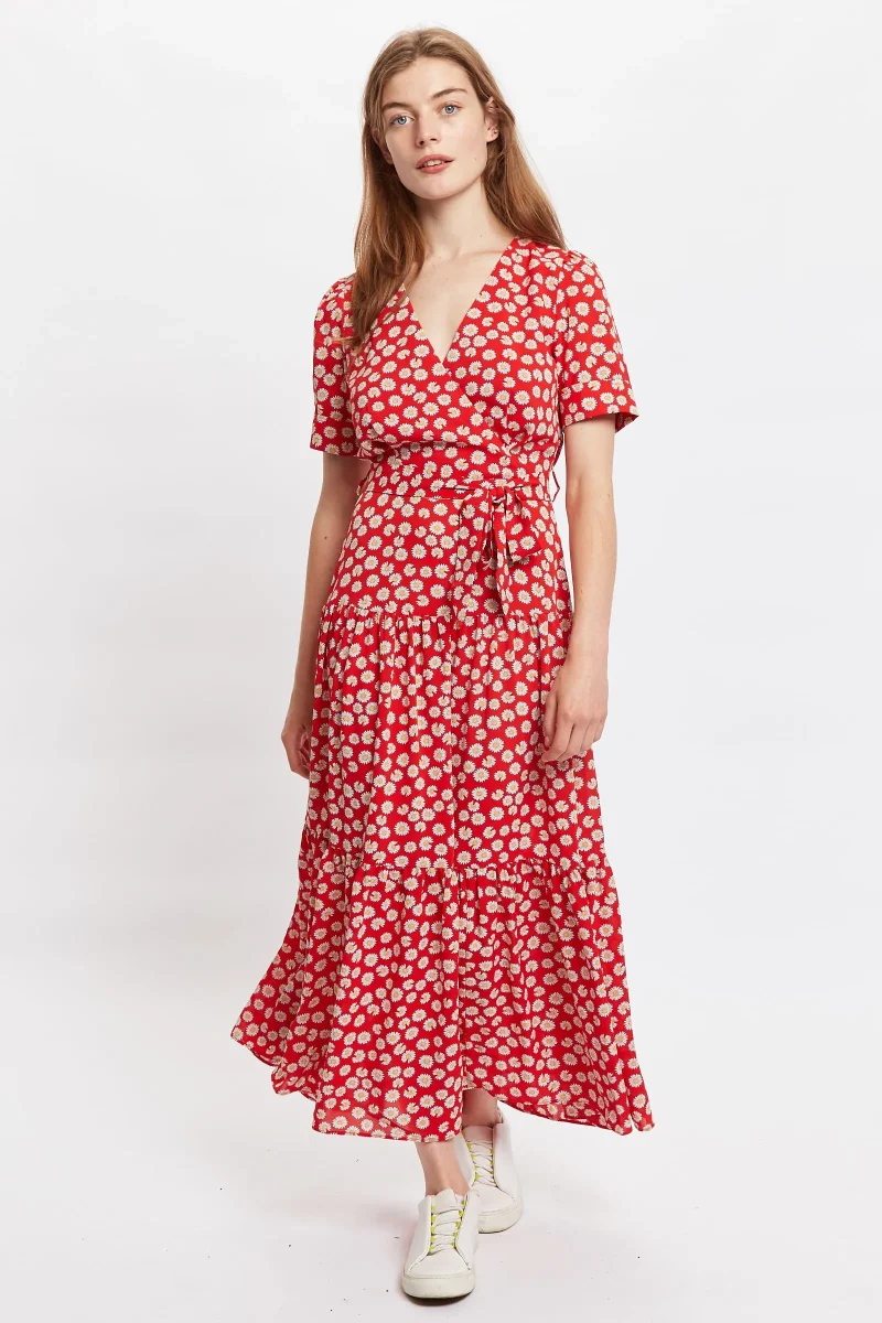 emin daisy tie midi dress short sleeve red