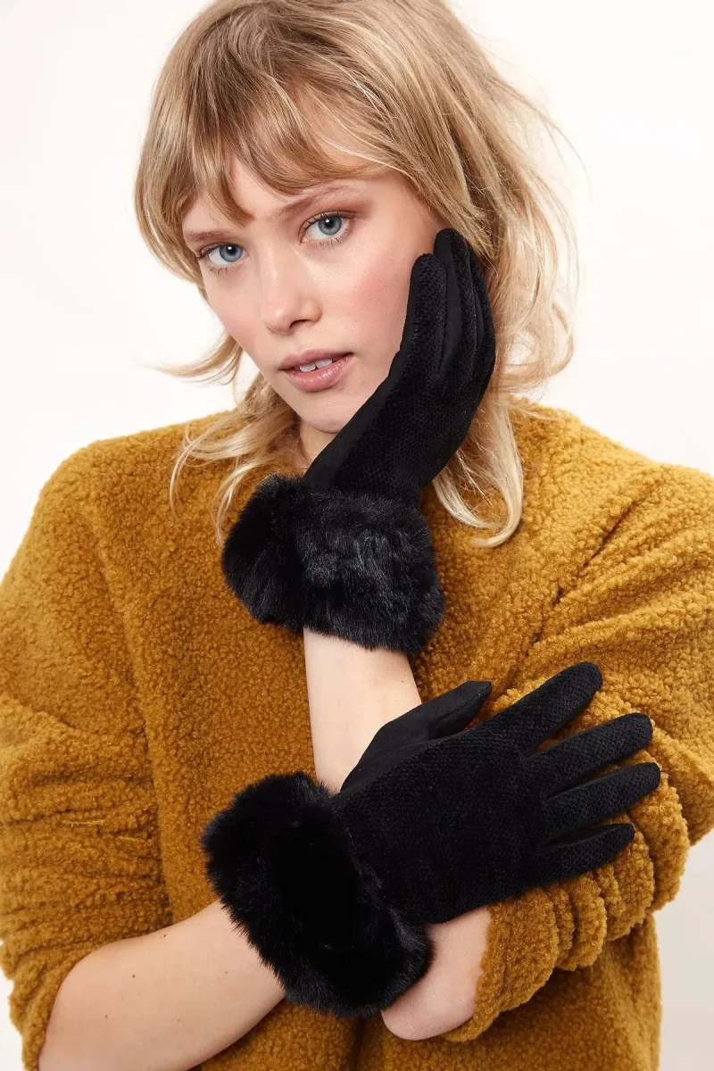 faux suede fur touchscreen cuffed gloves black