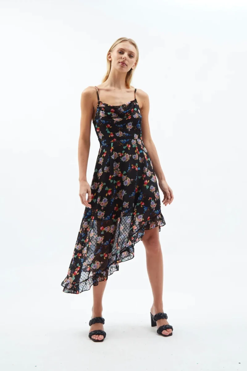 floral carpathian strappy asymmetric midi dress