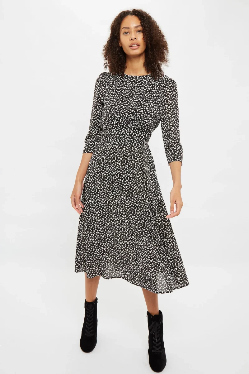 floral spot print midi dress long sleeve