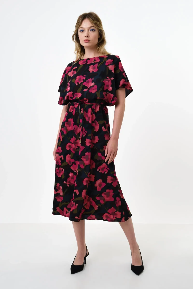 floral watermark cape sleeve midi dress