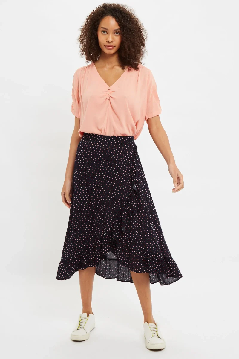 floral wrap midi skirt ruffle hem teeny flower print