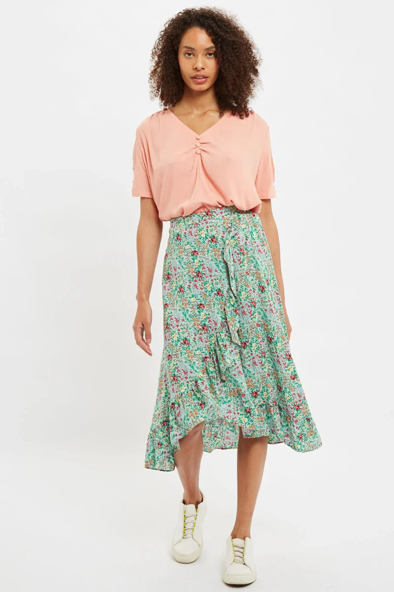 flower print ruffle wrap midi skirt