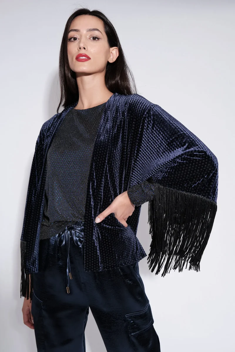 fringe velvet trim kimono wrap