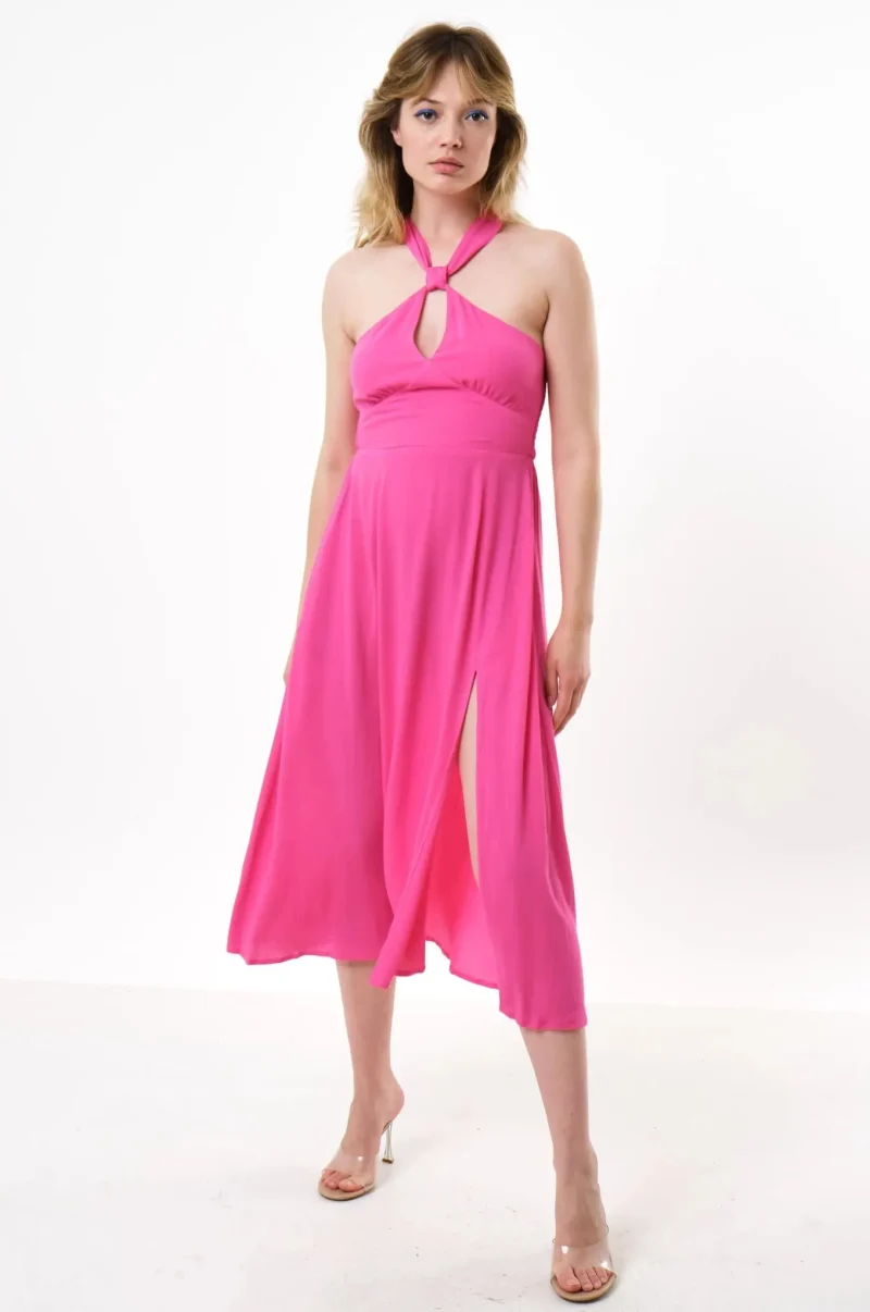 geri moss pink crepe halter midi dress