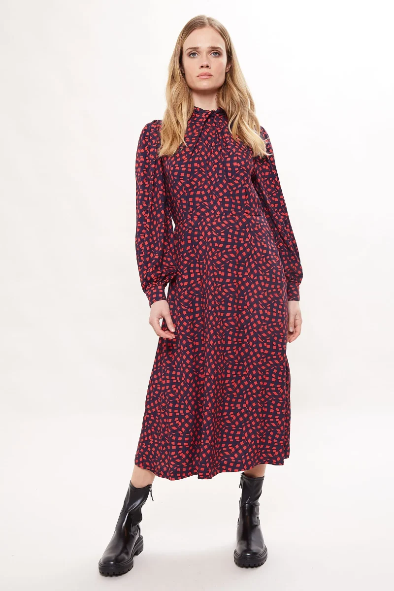 gingham twist neck long sleeve midi dress by louche tovella