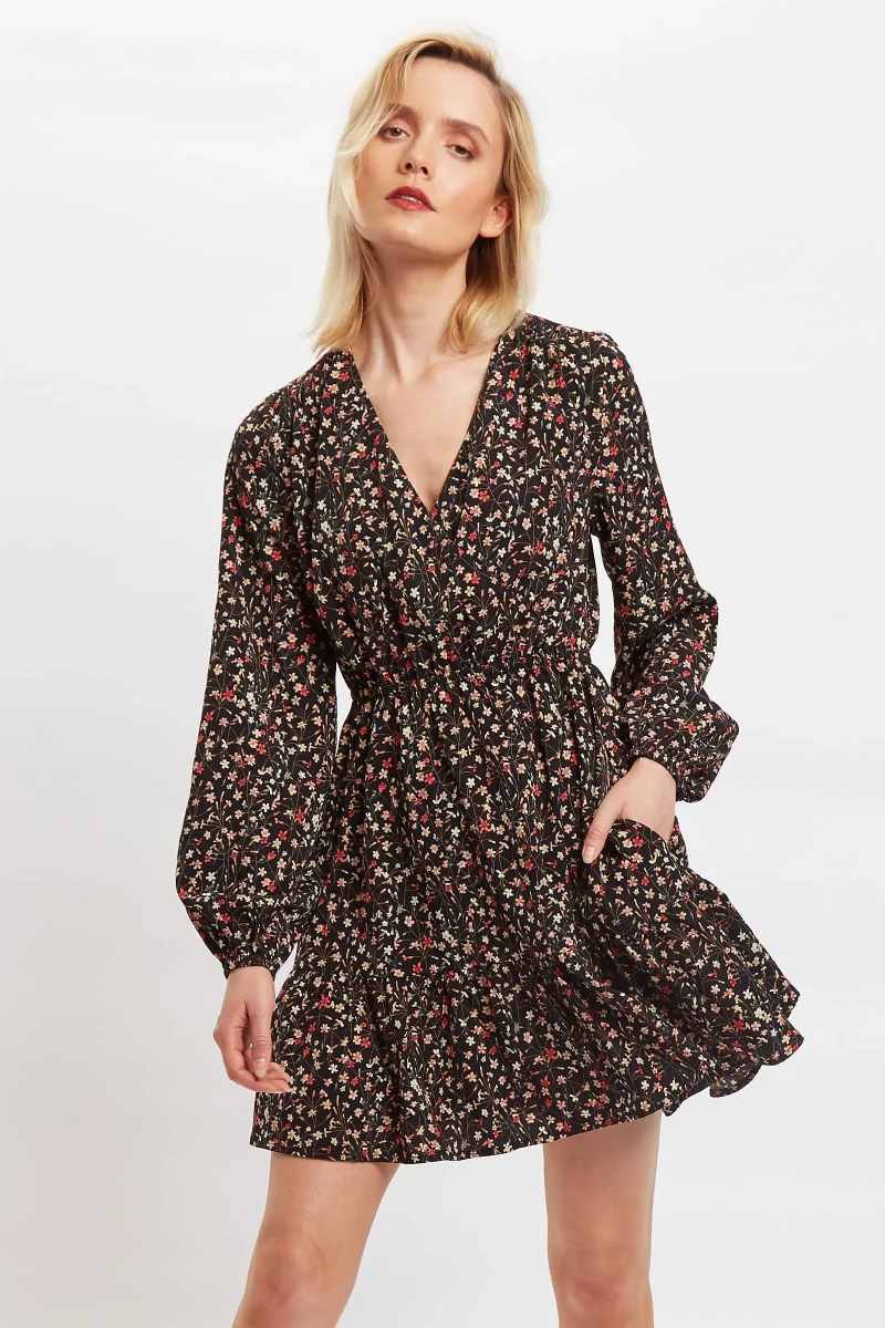 giovanna wax flower long sleeve tie mini dress