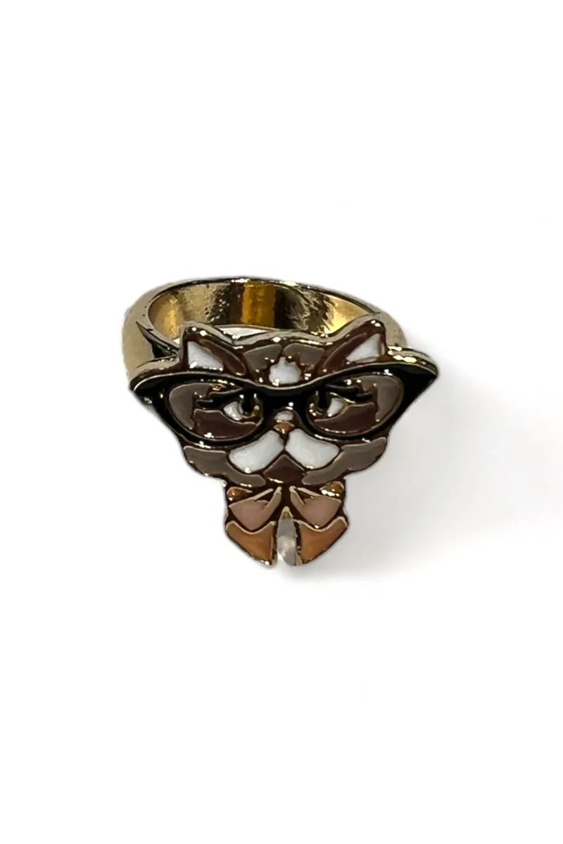 gold enamel cat ring with glasses