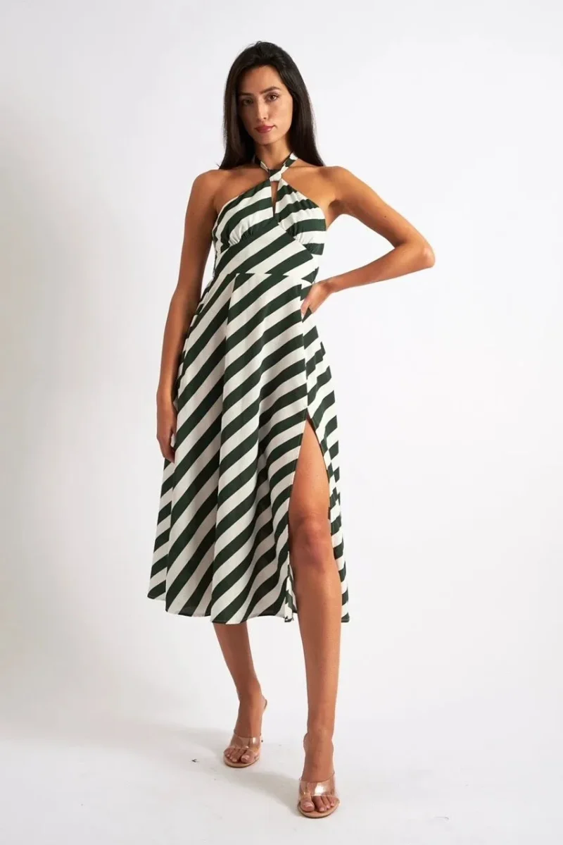 green diagonal print halter midi dress